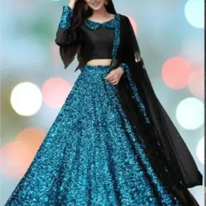 Blue Color Velvet Sequins Semi-Stitched Solid Lehenga Choli