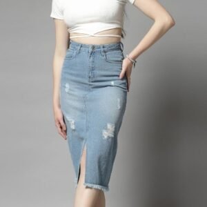 Blue Denim Color A-Line Distressed Midi Length Women's Skirt