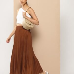 Brown Color Solid Accordion Pleated A-line Long Flair Women's Skirt