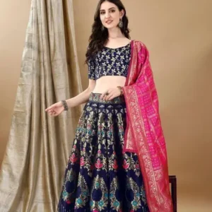 Navy Blue Embroidered Soft Silk Jacquard Fancy Lehenga Set