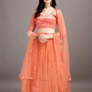 Orange Colored Net With Chain Embroidery Lehenga