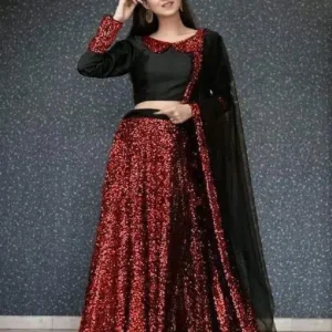 Velvet Sequins Semi-Stitched Solid Lehenga Choli in the Bollywood Style