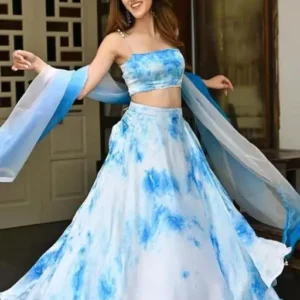 Party Wear Blue & White Dyed Ready to Wear Lehenga & Blouse With Dupatta